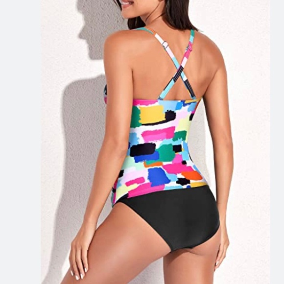 Yonique Retro Twist Front Tankini Tummy Control Swimsuit Two Piece Set 20W/XXL - Picture 3 of 15